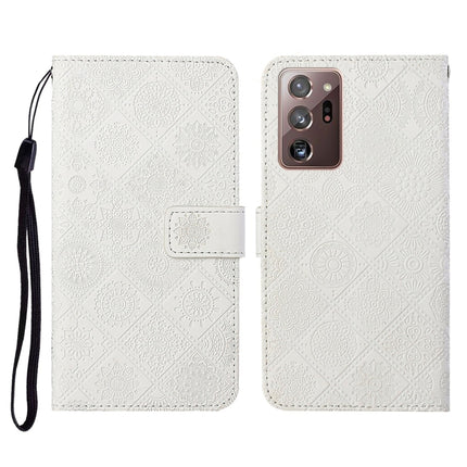 For Samsung Galaxy Note20 Ultra Ethnic Style Embossed Pattern Horizontal Flip Leather Case with Holder & Card Slots & Wallet & Lanyard(White)-garmade.com
