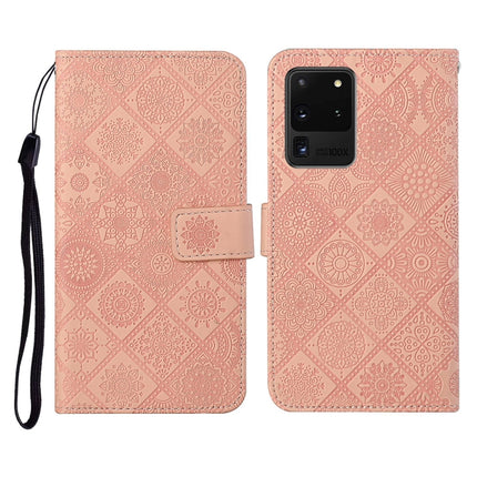 For Samsung Galaxy S20 Ultra Ethnic Style Embossed Pattern Horizontal Flip Leather Case with Holder & Card Slots & Wallet & Lanyard(Pink)-garmade.com