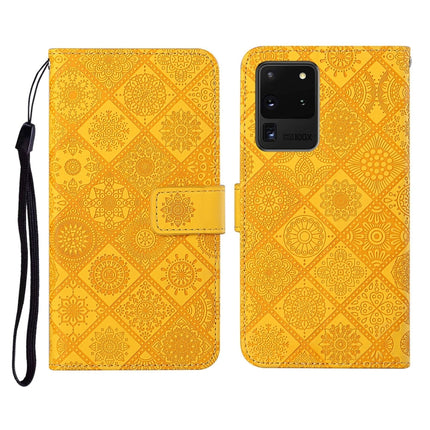 For Samsung Galaxy S20 Ultra Ethnic Style Embossed Pattern Horizontal Flip Leather Case with Holder & Card Slots & Wallet & Lanyard(Yellow)-garmade.com