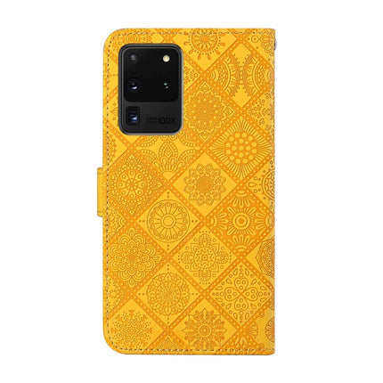 For Samsung Galaxy S20 Ultra Ethnic Style Embossed Pattern Horizontal Flip Leather Case with Holder & Card Slots & Wallet & Lanyard(Yellow)-garmade.com