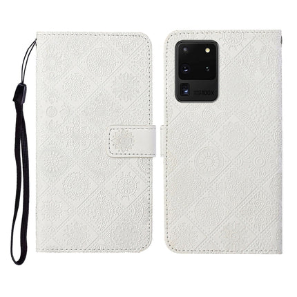 For Samsung Galaxy S20 Ultra Ethnic Style Embossed Pattern Horizontal Flip Leather Case with Holder & Card Slots & Wallet & Lanyard(White)-garmade.com