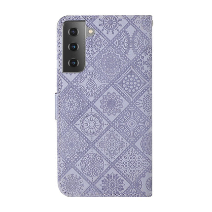 For Samsung Galaxy Galaxy S21 5G Ethnic Style Embossed Pattern Horizontal Flip Leather Case with Holder & Card Slots & Wallet & Lanyard(Purple)-garmade.com