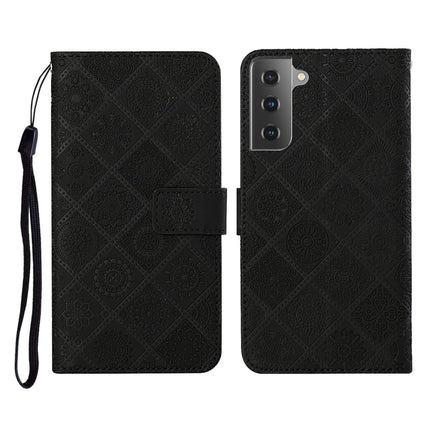 For Samsung Galaxy Galaxy S21 5G Ethnic Style Embossed Pattern Horizontal Flip Leather Case with Holder & Card Slots & Wallet & Lanyard(Black)-garmade.com