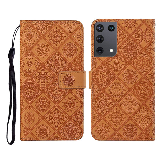 For Samsung Galaxy S21Ultra 5G Ethnic Style Embossed Pattern Horizontal Flip Leather Case with Holder & Card Slots & Wallet & Lanyard(Brown)-garmade.com