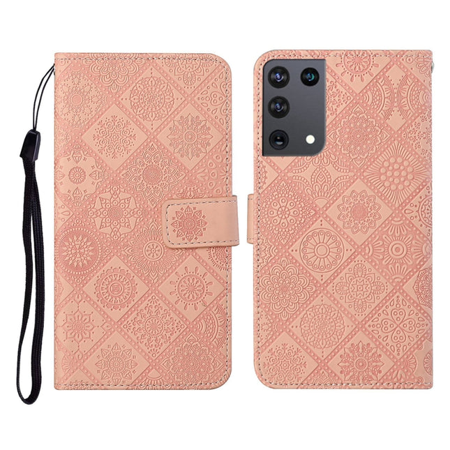 For Samsung Galaxy S21Ultra 5G Ethnic Style Embossed Pattern Horizontal Flip Leather Case with Holder & Card Slots & Wallet & Lanyard(Pink)-garmade.com
