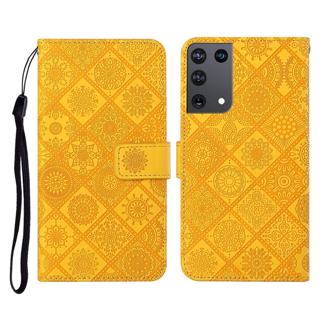For Samsung Galaxy S21Ultra 5G Ethnic Style Embossed Pattern Horizontal Flip Leather Case with Holder & Card Slots & Wallet & Lanyard(Yellow)-garmade.com
