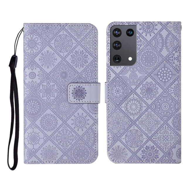 For Samsung Galaxy S21Ultra 5G Ethnic Style Embossed Pattern Horizontal Flip Leather Case with Holder & Card Slots & Wallet & Lanyard(Purple)-garmade.com