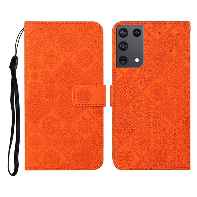 For Samsung Galaxy S21Ultra 5G Ethnic Style Embossed Pattern Horizontal Flip Leather Case with Holder & Card Slots & Wallet & Lanyard(Orange)-garmade.com