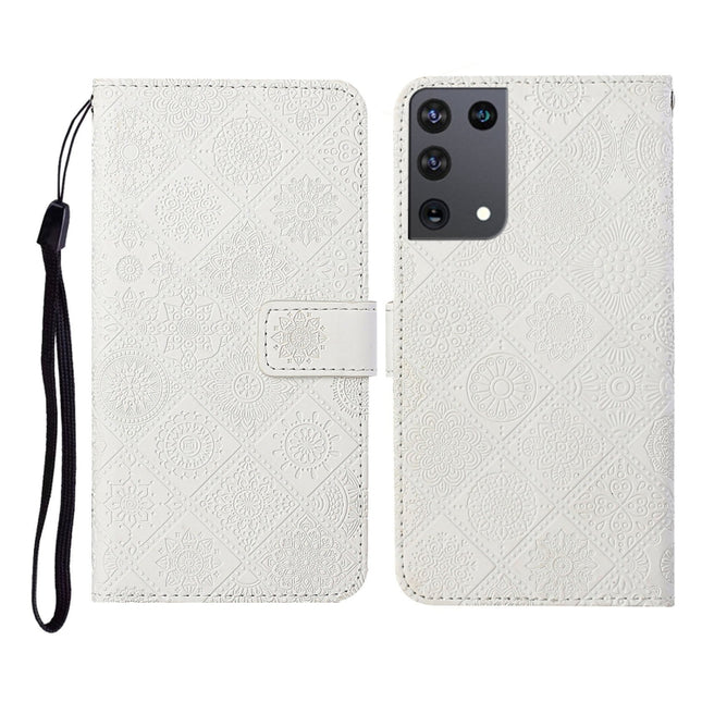 For Samsung Galaxy S21Ultra 5G Ethnic Style Embossed Pattern Horizontal Flip Leather Case with Holder & Card Slots & Wallet & Lanyard(White)-garmade.com