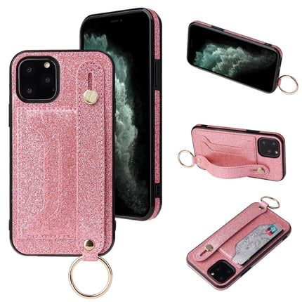 Glitter Powder PU+TPU Shockproof Protective Case with Holder & Card Slots & Wrist Strap For iPhone 11(Pink)-garmade.com