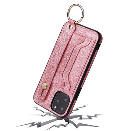 Glitter Powder PU+TPU Shockproof Protective Case with Holder & Card Slots & Wrist Strap For iPhone 11(Pink)-garmade.com