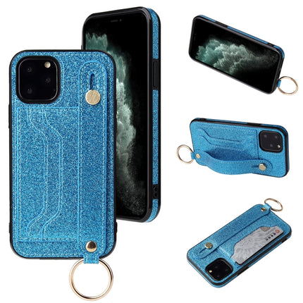 Glitter Powder PU+TPU Shockproof Protective Case with Holder & Card Slots & Wrist Strap For iPhone 11(Blue)-garmade.com