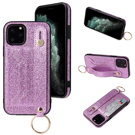 Glitter Powder PU+TPU Shockproof Protective Case with Holder & Card Slots & Wrist Strap For iPhone 11(Purple)-garmade.com