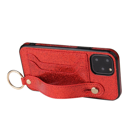 Glitter Powder PU+TPU Shockproof Protective Case with Holder & Card Slots & Wrist Strap For iPhone 11 Pro(Red)-garmade.com