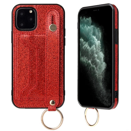 Glitter Powder PU+TPU Shockproof Protective Case with Holder & Card Slots & Wrist Strap For iPhone 12 / 12 Pro(Red)-garmade.com