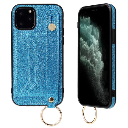 Glitter Powder PU+TPU Shockproof Protective Case with Holder & Card Slots & Wrist Strap For iPhone 12 / 12 Pro(Blue)-garmade.com