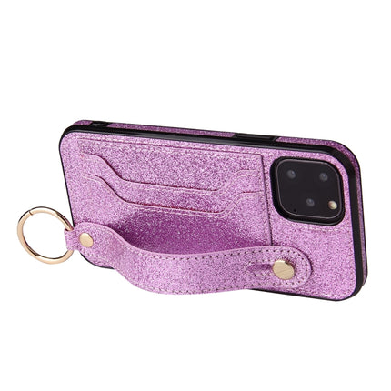 Glitter Powder PU+TPU Shockproof Protective Case with Holder & Card Slots & Wrist Strap For iPhone 12 / 12 Pro(Purple)-garmade.com