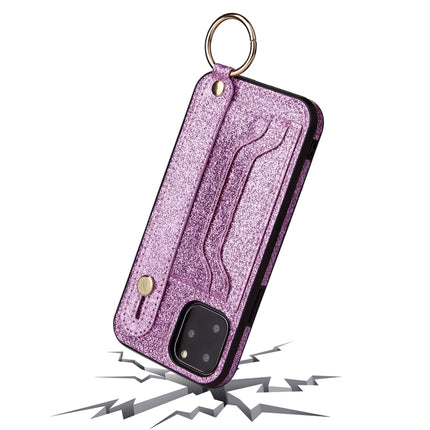 Glitter Powder PU+TPU Shockproof Protective Case with Holder & Card Slots & Wrist Strap For iPhone 12 / 12 Pro(Purple)-garmade.com