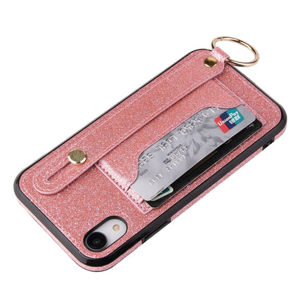 Glitter Powder PU+TPU Shockproof Protective Case with Holder & Card Slots & Wrist Strap For iPhone X / XS(Pink)-garmade.com