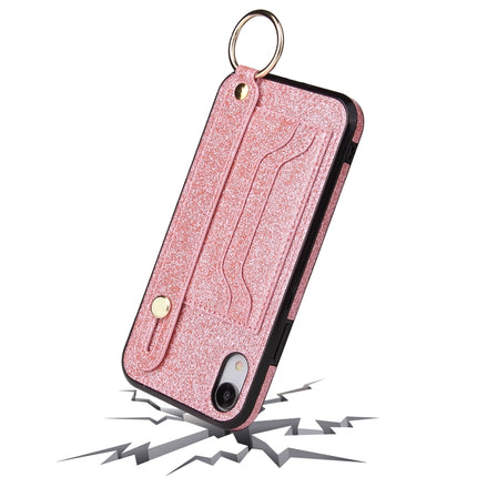 Glitter Powder PU+TPU Shockproof Protective Case with Holder & Card Slots & Wrist Strap For iPhone X / XS(Pink)-garmade.com