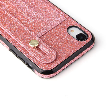 Glitter Powder PU+TPU Shockproof Protective Case with Holder & Card Slots & Wrist Strap For iPhone X / XS(Pink)-garmade.com