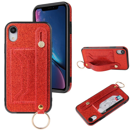 Glitter Powder PU+TPU Shockproof Protective Case with Holder & Card Slots & Wrist Strap For iPhone X / XS(Red)-garmade.com