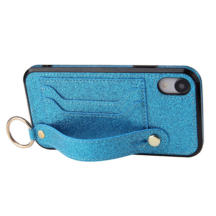 Glitter Powder PU+TPU Shockproof Protective Case with Holder & Card Slots & Wrist Strap For iPhone X / XS(Blue)-garmade.com
