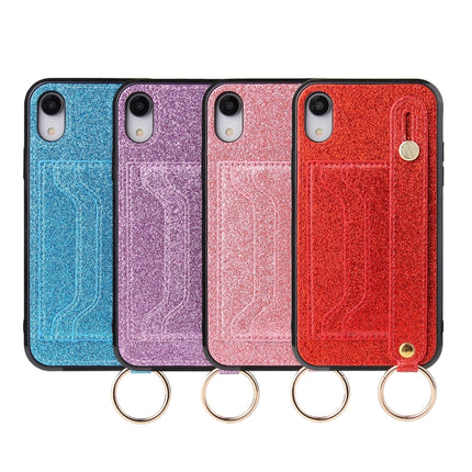 Glitter Powder PU+TPU Shockproof Protective Case with Holder & Card Slots & Wrist Strap For iPhone X / XS(Blue)-garmade.com