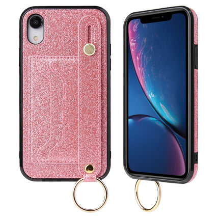 Glitter Powder PU+TPU Shockproof Protective Case with Holder & Card Slots & Wrist Strap For iPhone XS Max(Pink)-garmade.com