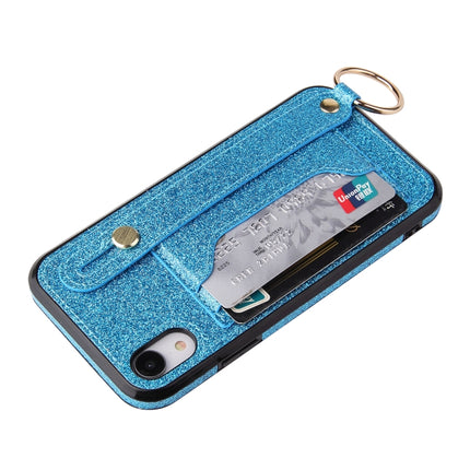 Glitter Powder PU+TPU Shockproof Protective Case with Holder & Card Slots & Wrist Strap For iPhone XS Max(Blue)-garmade.com