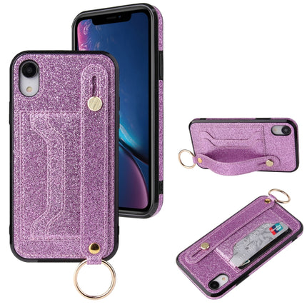 Glitter Powder PU+TPU Shockproof Protective Case with Holder & Card Slots & Wrist Strap For iPhone XS Max(Purple)-garmade.com