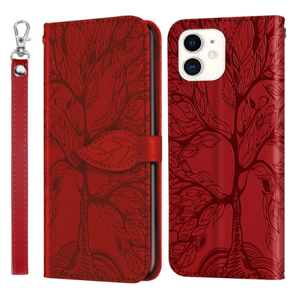 Life of Tree Embossing Pattern Horizontal Flip Leather Case with Holder & Card Slot & Wallet & Photo Frame & Lanyard For iPhone 12 mini(Red)-garmade.com