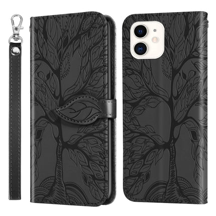 Life of Tree Embossing Pattern Horizontal Flip Leather Case with Holder & Card Slot & Wallet & Photo Frame & Lanyard For iPhone 12 mini(Black)-garmade.com