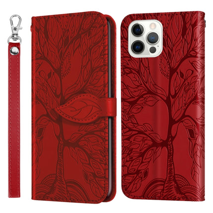 Life of Tree Embossing Pattern Horizontal Flip Leather Case with Holder & Card Slot & Wallet & Photo Frame & Lanyard For iPhone 12 Pro Max(Red)-garmade.com