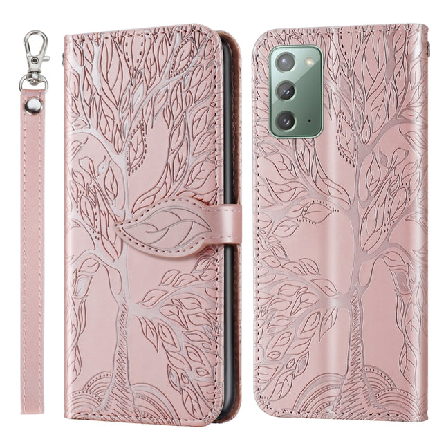 For Samsung Galaxy Note20 Life of Tree Embossing Pattern Horizontal Flip Leather Case with Holder & Card Slot & Wallet & Photo Frame & Lanyard(Rose Gold)-garmade.com