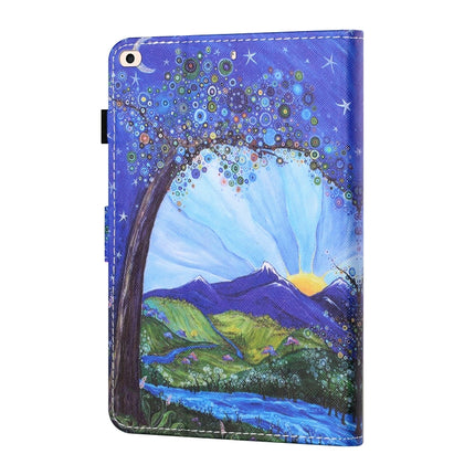 Sewing Thread Horizontal Painted Flat Leather Case with Pen Cover & Anti Skid Strip & Card Slot & Holder & Sleep / Wake-up Function For iPad Mini 5 / 4 / 3 / 2 / 1(Sunrise With Tree)-garmade.com