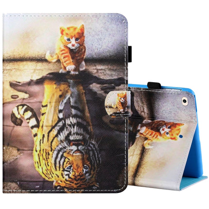 Sewing Thread Horizontal Painted Flat Leather Case with Pen Cover & Anti Skid Strip & Card Slot & Holder & Sleep / Wake-up Function For iPad 9.7 (2018) / (2017)(Cat And Tiger)-garmade.com