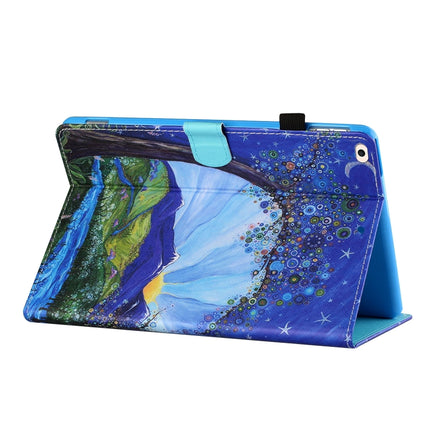 Sewing Thread Horizontal Painted Flat Leather Case with Pen Cover & Anti Skid Strip & Card Slot & Holder & Sleep / Wake-up Function For iPad 9.7 (2018) / (2017)(Sunrise With Tree)-garmade.com