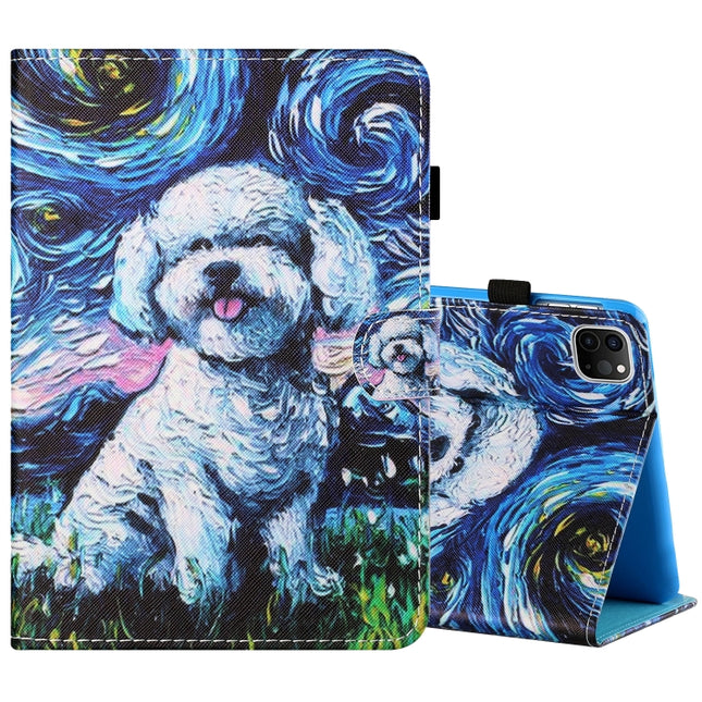Sewing Thread Horizontal Painted Flat Leather Case with Pen Cover & Anti Skid Strip & Card Slot & Holder & Sleep / Wake-up Function For iPad Air 2022 / 2020 10.9(Oil Painting Dog)-garmade.com