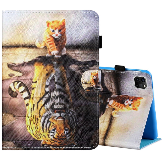 Sewing Thread Horizontal Painted Flat Leather Case with Pen Cover & Anti Skid Strip & Card Slot & Holder & Sleep / Wake-up Function For iPad Air 2022 / 2020 10.9(Cat And Tiger)-garmade.com