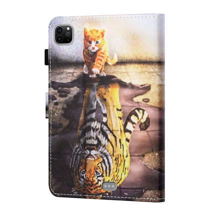 Sewing Thread Horizontal Painted Flat Leather Case with Pen Cover & Anti Skid Strip & Card Slot & Holder & Sleep / Wake-up Function For iPad Air 2022 / 2020 10.9(Cat And Tiger)-garmade.com