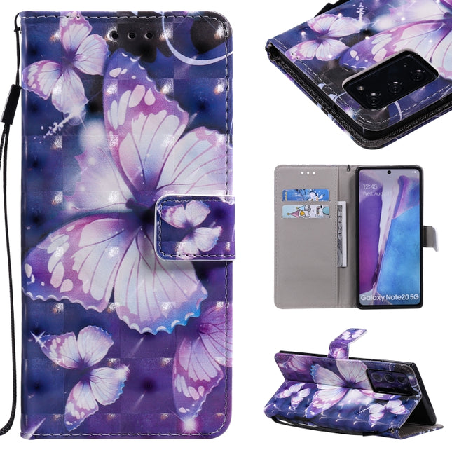 For Samsung Galaxy Note 20 3D Painting Horizontal Flip Leather Case with Holder & Card Slot & Lanyard(Purple Butterflies)-garmade.com