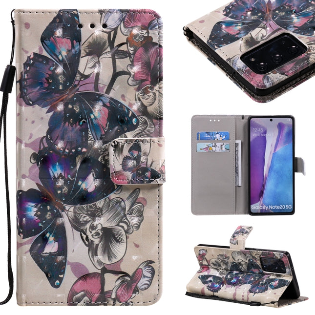 For Samsung Galaxy Note 20 3D Painting Horizontal Flip Leather Case with Holder & Card Slot & Lanyard(Black Butterflies)-garmade.com