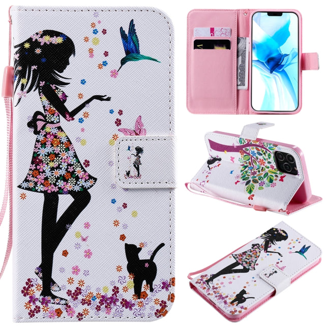 Painting Horizontal Flip Leather Case with Holder & Card Slot & Lanyard For iPhone 12 / 12 Pro(Woman and Cat)-garmade.com