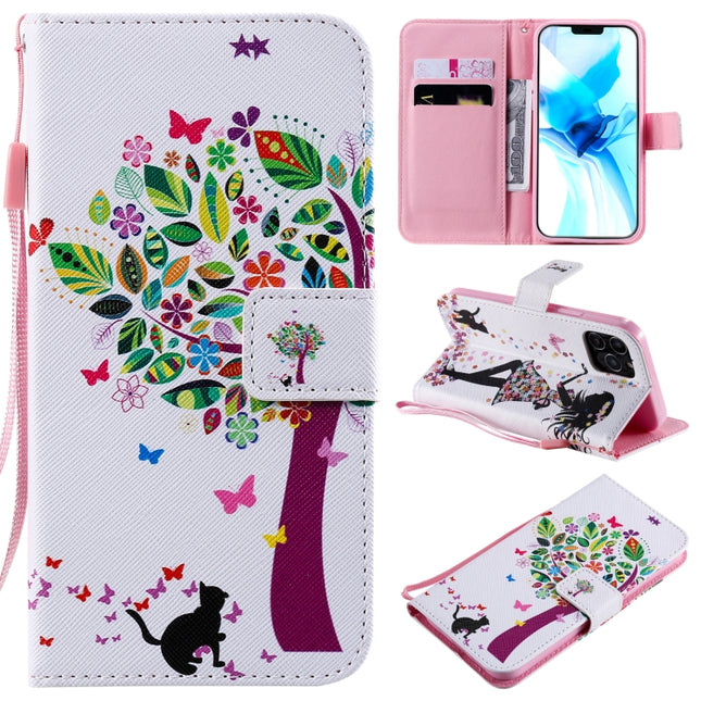 Painting Horizontal Flip Leather Case with Holder & Card Slot & Lanyard For iPhone 12 / 12 Pro(Cat and Tree)-garmade.com