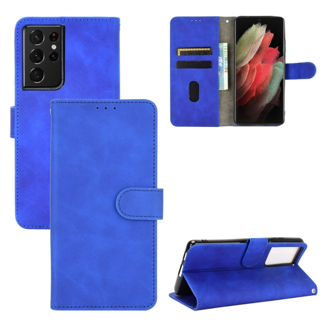 For Samsung Galaxy S21 Ultra 5G Solid Color Skin Feel Magnetic Buckle Horizontal Flip Calf Texture PU Leather Case with Holder & Card Slots & Wallet(Blue)-garmade.com