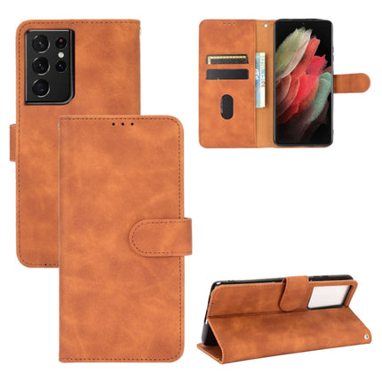 For Samsung Galaxy S21 Ultra 5G Solid Color Skin Feel Magnetic Buckle Horizontal Flip Calf Texture PU Leather Case with Holder & Card Slots & Wallet(Brown)-garmade.com