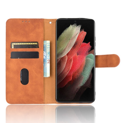 For Samsung Galaxy S21 Ultra 5G Solid Color Skin Feel Magnetic Buckle Horizontal Flip Calf Texture PU Leather Case with Holder & Card Slots & Wallet(Brown)-garmade.com