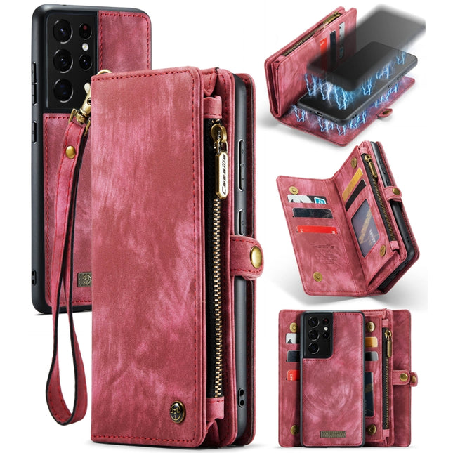 For Samsung Galaxy S21 Ultra 5G CaseMe Detachable Multifunctional Horizontal Flip Leather Case, with Card Slot & Holder & Zipper Wallet & Photo Frame(Red)-garmade.com