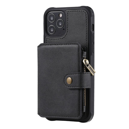Zipper Shockproof Protective Case with Card Slots & Bracket & Photo Holder & Wallet Function For iPhone 12 / 12 Pro(Black)-garmade.com